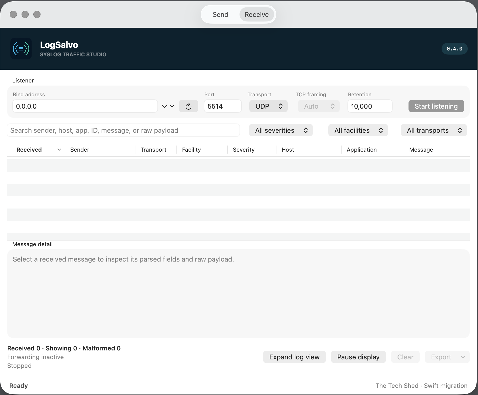 LogSalvo Swift receive workspace showing listener settings, filters, message table and detail inspector