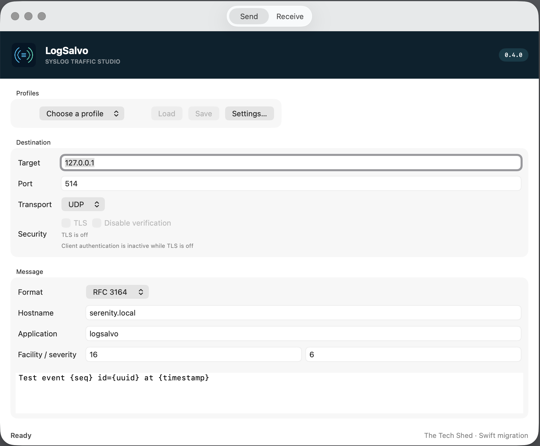 LogSalvo Swift send workspace showing destination, transport, security and RFC 3164 message controls