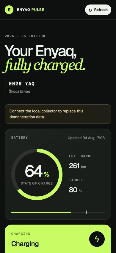 Mobile Enyaq Pulse dashboard with responsive battery and charging cards